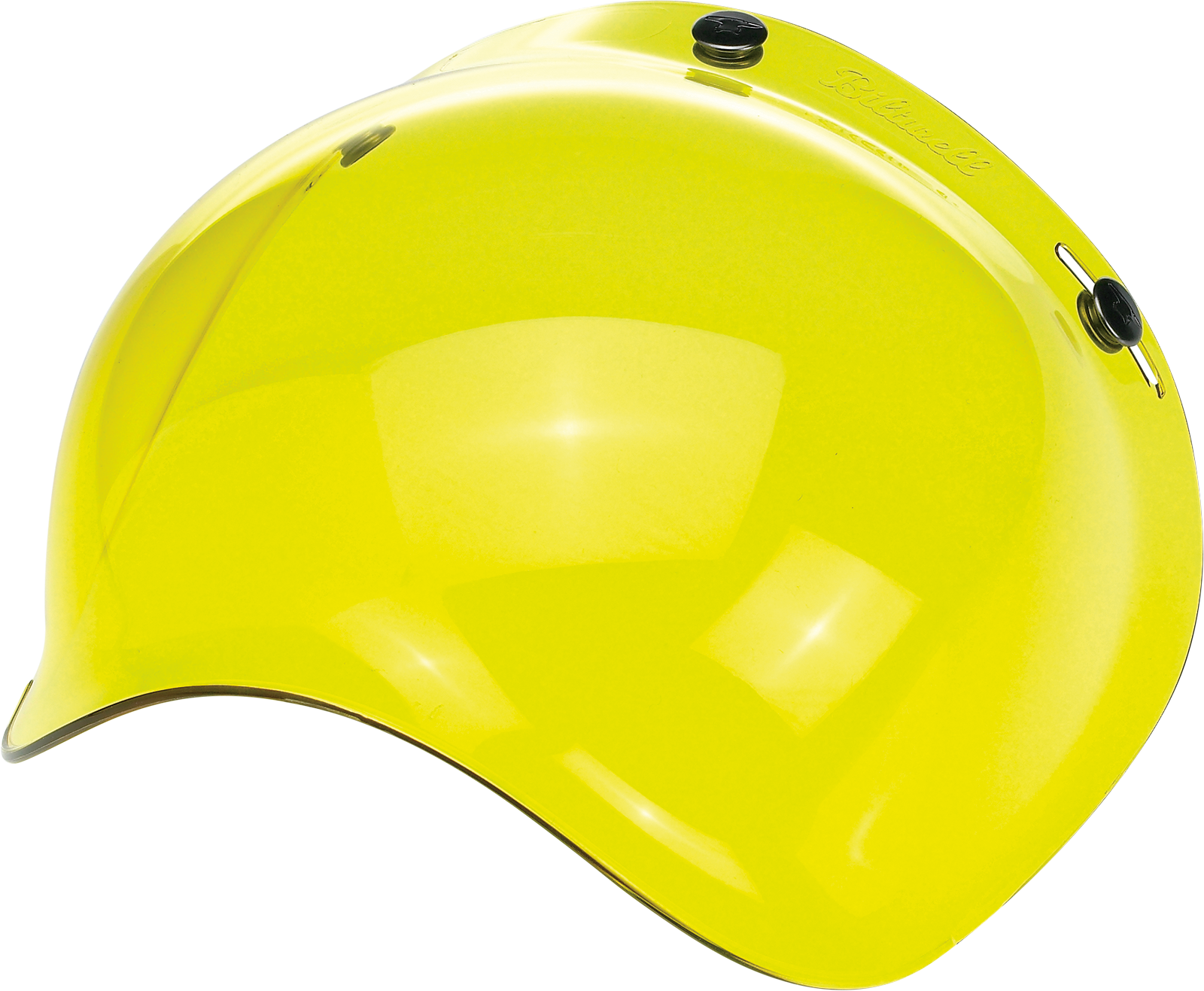 Yellow Biltwell Bubble Shield for helmets, showing the clear, curved visor with yellow tint, designed for motorcycle helmets.