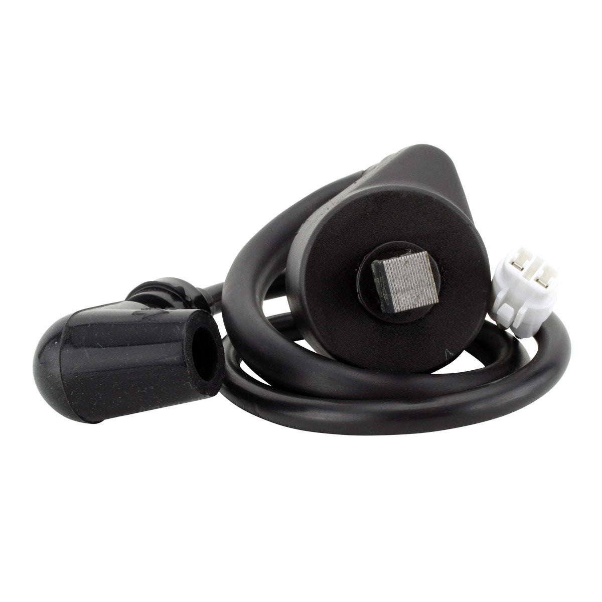 RM STATOR external ignition coil with spark plug cap, designed for motorcycle ignition systems, shown in the image.