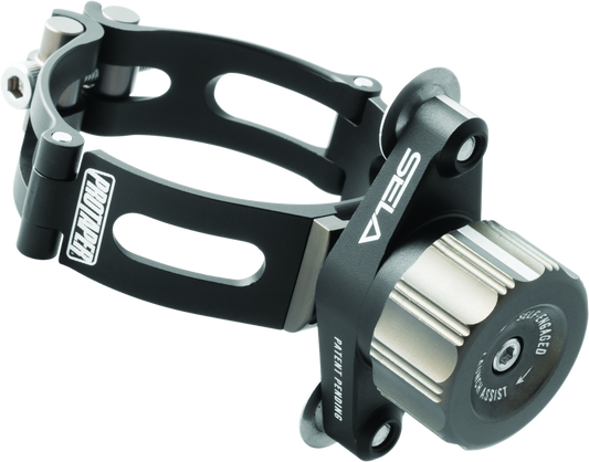 ProTaper SELA self-engaged launch assist device installed on a motorcycle handlebar, designed for easy motorcycle launching.