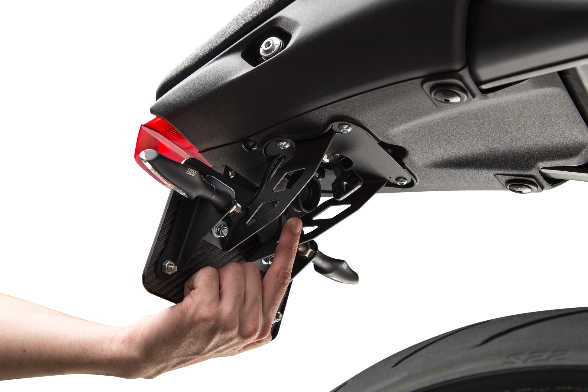 YOSHIMURA Fender Eliminator Kit for Yamaha motorcycles, showing sleek black rear fender with mounting hardware and integrated license plate holder.