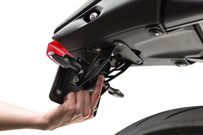 YOSHIMURA Fender Eliminator Kit for Yamaha motorcycles, showing sleek black rear fender with mounting hardware and integrated license plate holder.