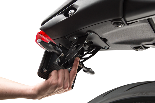YOSHIMURA Fender Eliminator Kit for Yamaha motorcycles, showing sleek black rear fender with mounting hardware and integrated license plate holder.