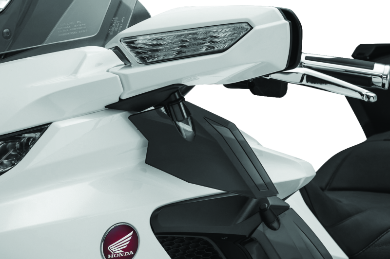 Kuryakyn upper air deflectors for Honda GL1800 Gold Wing motorcycle, 2018-2021, mounted on the fairing for airflow adjustment.