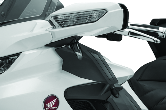Kuryakyn upper air deflectors for Honda GL1800 Gold Wing motorcycle, 2018-2021, mounted on the fairing for airflow adjustment.