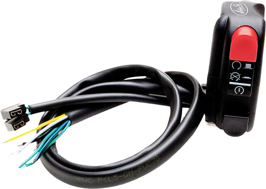 MOTION PRO Rev2 Stop/Start Switch installed on a motorcycle handlebar, featuring a black and red design with control buttons.