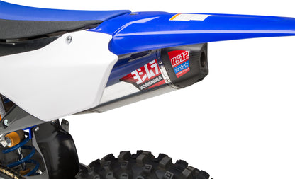 YOSHIMURA RS-12 exhaust system for dirt bikes with aluminum body and carbon fiber end cap, shown in the image.