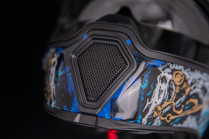 Blue ICON Airflite™ helmet by Bill's Exhausts, large size, featuring aerodynamic design and bold graphics for motorcycle riding.