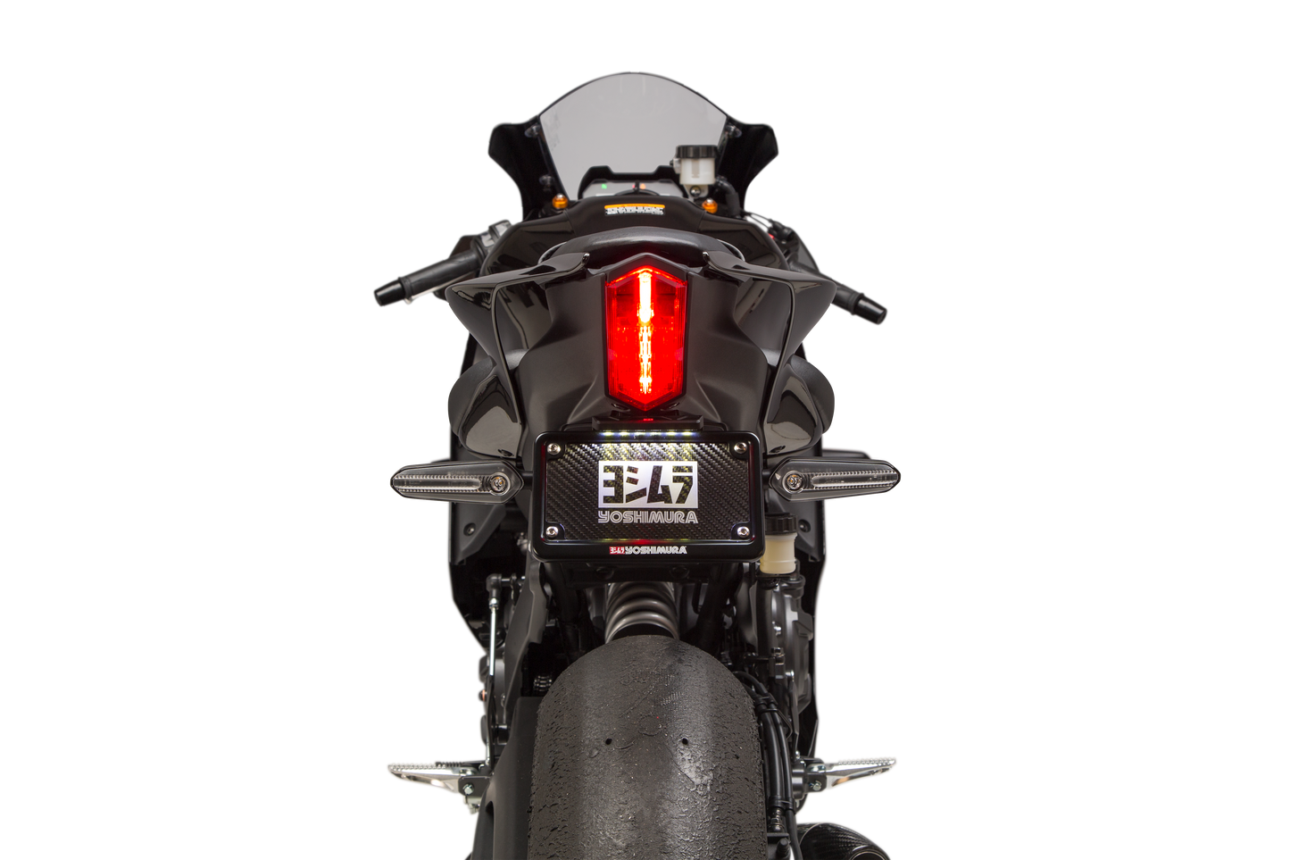 YOSHIMURA Fender Eliminator Kit for Yamaha motorcycles, showing sleek black motorcycle rear end with mounting hardware and license plate holder.