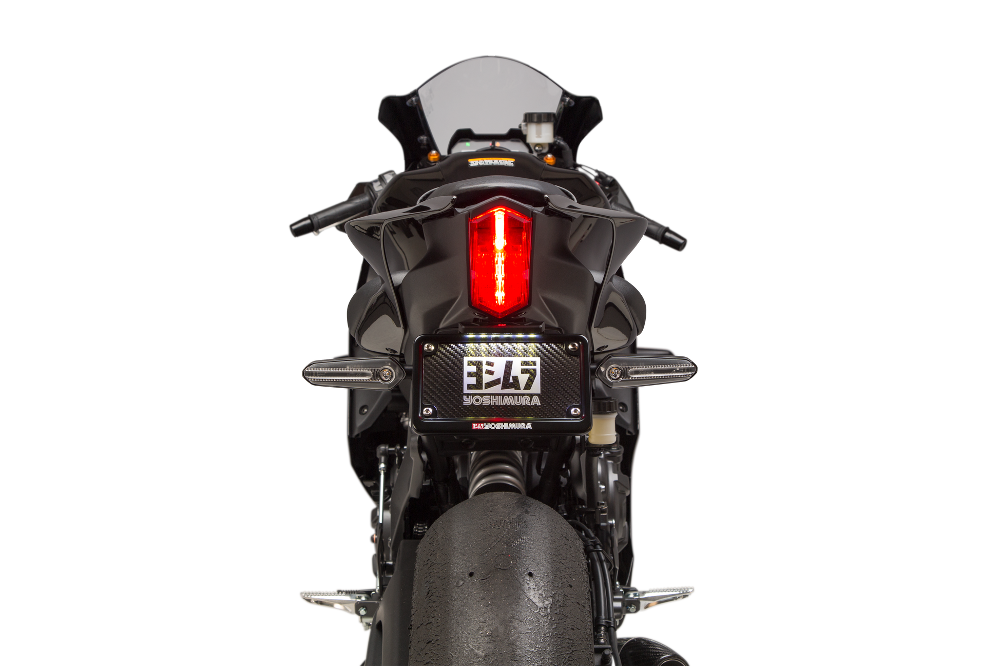 YOSHIMURA Fender Eliminator Kit for Yamaha motorcycles, showing sleek black motorcycle rear end with mounting hardware and license plate holder.