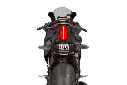 YOSHIMURA Fender Eliminator Kit for Yamaha motorcycles, showing sleek black motorcycle rear end with mounting hardware and license plate holder.