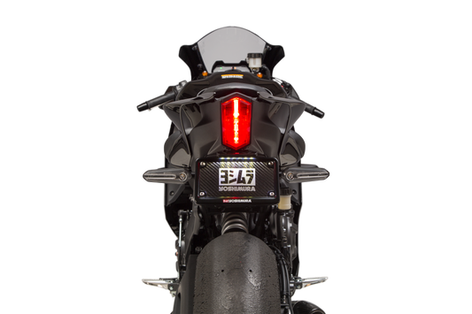 YOSHIMURA Fender Eliminator Kit for Yamaha motorcycles, showing sleek black motorcycle rear end with mounting hardware and license plate holder.
