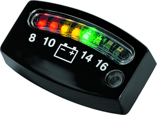 Kuryakyn LED Battery Gauge Universal in black, showing digital display on a motorcycle handlebar mount.