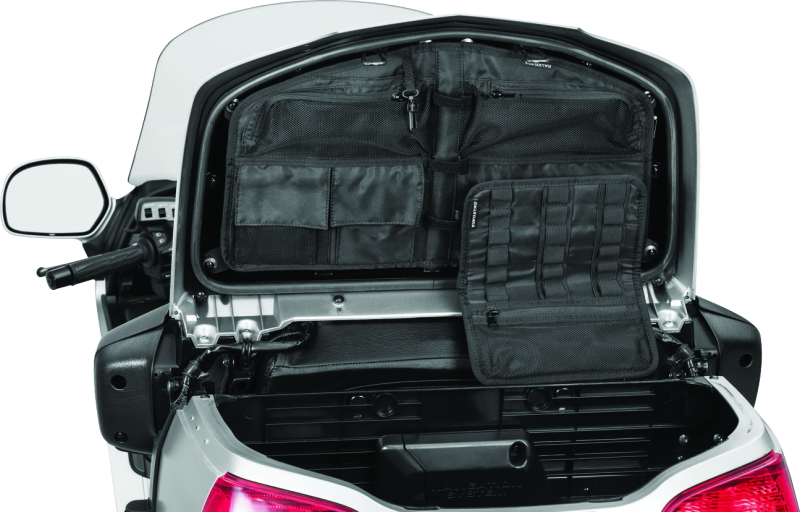 Kuryakyn trunk lid organizer for Honda Gold Wing 2001-2005 showing multiple compartments and mounting details on a motorcycle trunk