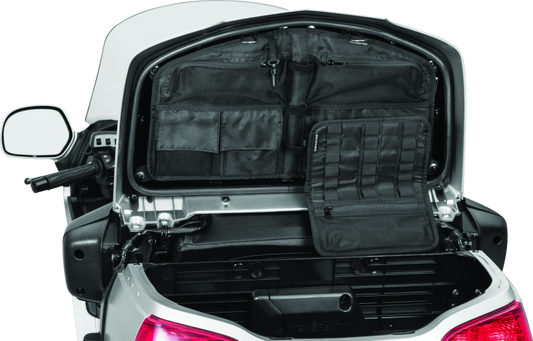 Kuryakyn trunk lid organizer for Honda Gold Wing 2001-2005 showing multiple compartments and mounting details on a motorcycle trunk