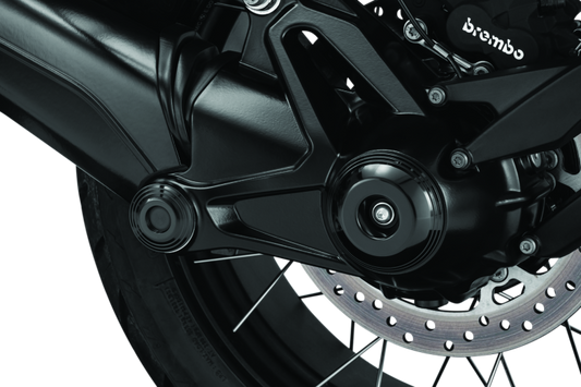 Kuryakyn Lodestar rear axle sliders in black on BMW R1200GS or R Nine T motorcycle for protection and style.