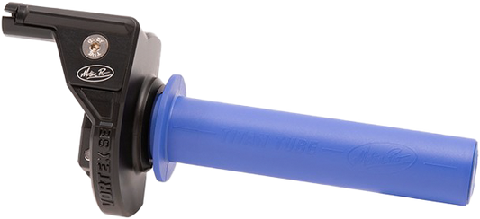 Motion Pro Vortex SE Throttle Assembly for 7/8-inch handlebars, black handle grip and throttle cable on motorcycle handlebar