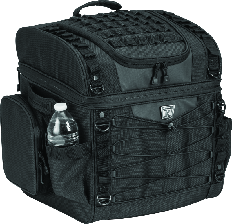 Kuryakyn Momentum Vagabond Bag attached to motorcycle seat and luggage rack for versatile storage.