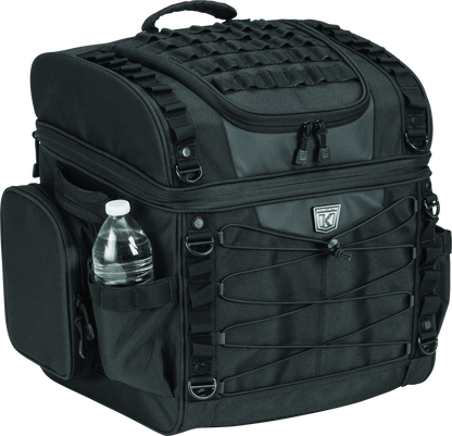 Kuryakyn Momentum Vagabond Bag attached to motorcycle seat and luggage rack for versatile storage.