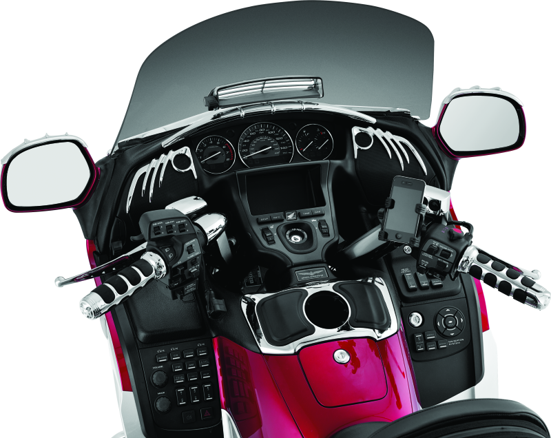 Kuryakyn ISO grips for Honda GL1800 motorcycle with heated chrome grips, featuring textured rubber and ergonomic design.
