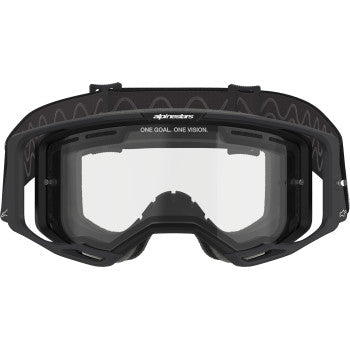 Alpinestars Vision 8 black goggles with clear lenses, designed for motorcycle riding, featuring a sleek and aerodynamic frame.