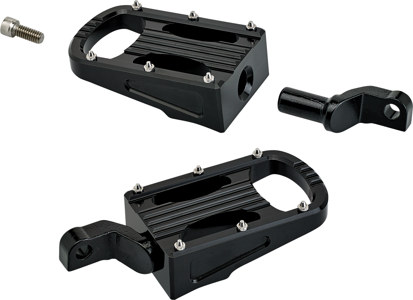 Black BILTWELL XL Step Footpegs for motorcycles, made by Bill's Exhausts, shown mounted on the body of a bike.