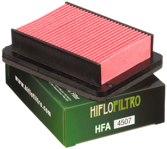 Hiflofiltro HFA4507 air filter for high-performance engines, showing the clean, durable pleated filter element.