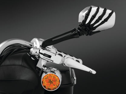 Kuryakyn Skeleton Hand motorcycle mirrors in black and chrome with detailed skeleton hand design.