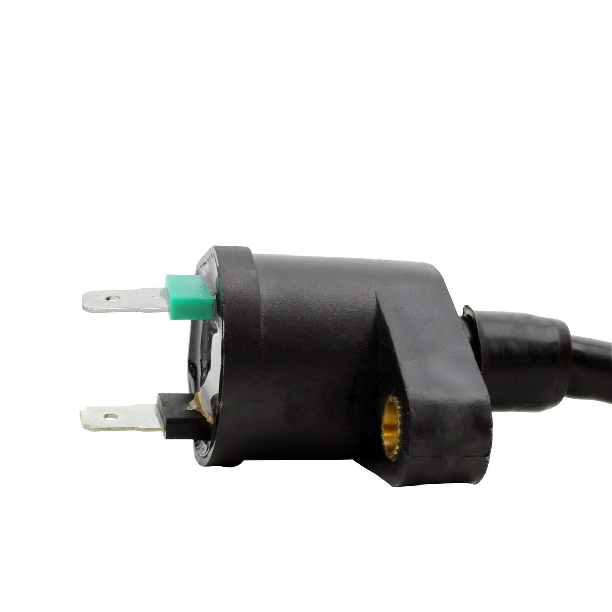 RM STATOR external ignition coil, part number RM06025, showing the coil with electrical connectors and metal mounting parts.