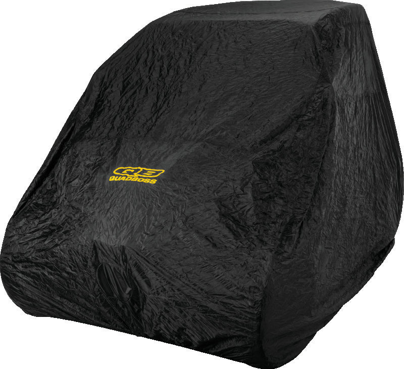 Black QuadBoss UTV cover for Polaris Ranger Crew, RZR XP 900 & 1000, and Kawasaki Mule, protecting vehicles from weather and dust.