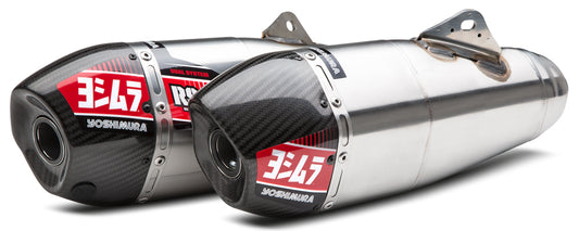 YOSHIMURA RS 9 dual slip-on exhaust canister with stainless steel and carbon fiber end caps for motorcycle performance.