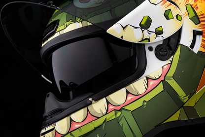 Bill's Exhausts ICON Airform™ Helmet Grenadier green small helmet with aerodynamic design and adjustable strap, front view.