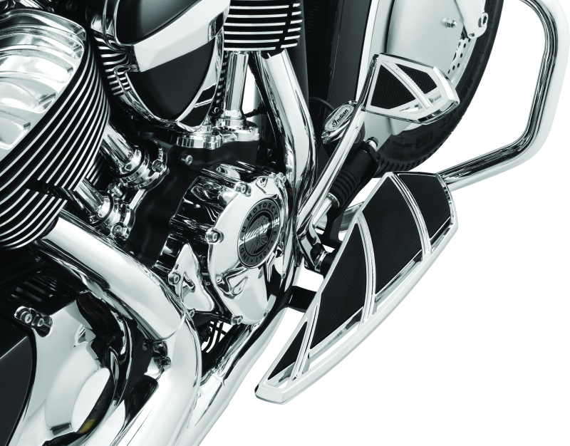 Kuryakyn Phantom Floorboards for Indian motorcycle with chrome finish, durable aluminum construction, and vibration dampening rubber pads