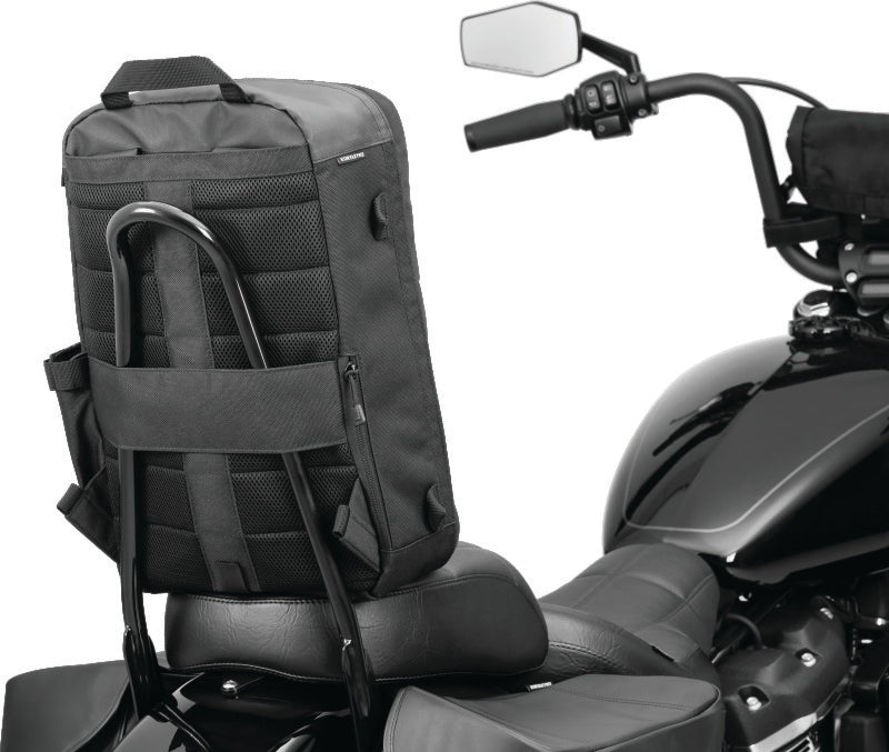 Kuryakyn Momentum Runaway Backpack for powersports and daily commuting, black with multiple compartments and adjustable straps.