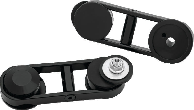Kuryakyn adjustable drop mirror mounts for Harley Davidson Street Glide, shown on motorcycle with chrome finish and mounting hardware