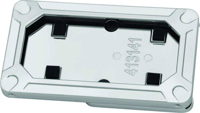 Kuryakyn Nova side mount license plate frame in gloss chrome mounted on a Harley Davidson motorcycle