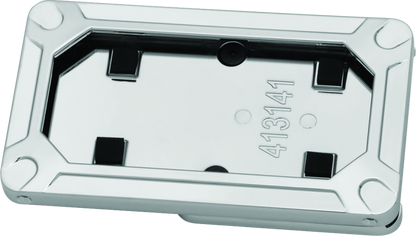 Kuryakyn Nova side mount license plate frame in gloss chrome mounted on a Harley Davidson motorcycle