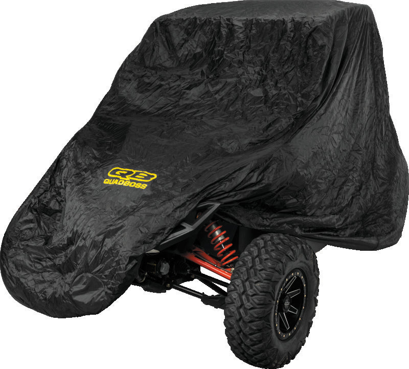 QuadBoss UTV 4-seater cover on Polaris RZR-4 800/900 and Honda Pioneer, all-weather protection for outdoor vehicle storage.