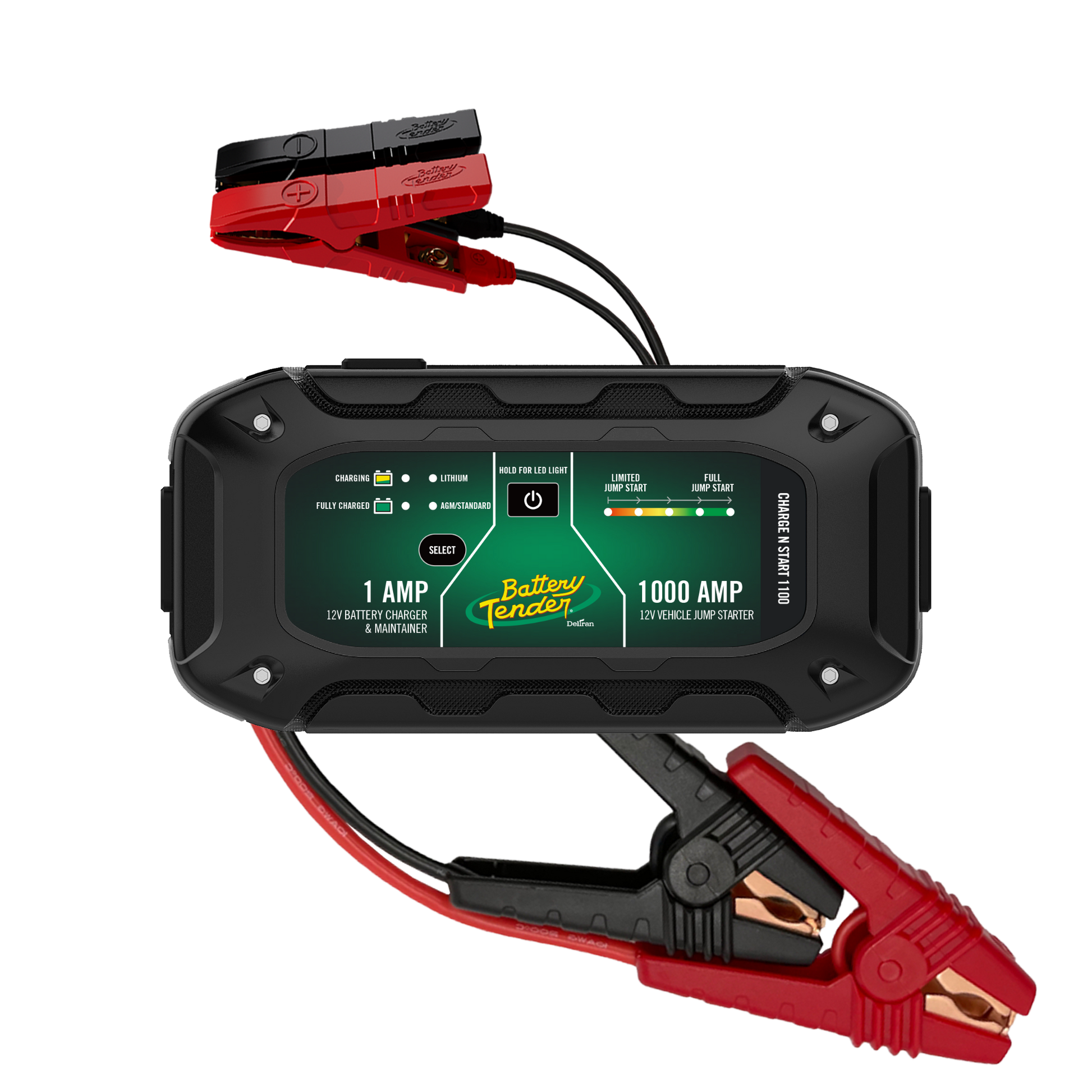 Battery Tender Charge N Start 1 Amp battery charger and 1000 Amp jump starter from BATTERY TENDER, showing the device and cables.