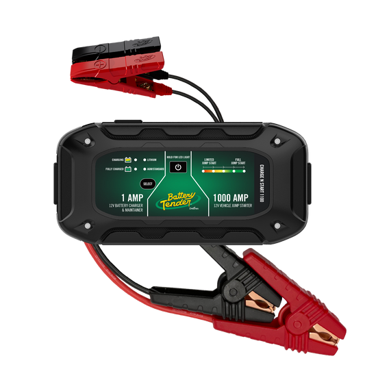 Battery Tender Charge N Start 1 Amp battery charger and 1000 Amp jump starter from BATTERY TENDER, showing the device and cables.