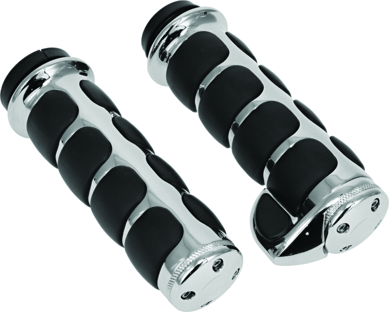 Kuryakyn ISO grips with throttle boss for throttle-by-wire motorcycles, chrome finish, showing textured rubber grips and throttle control
