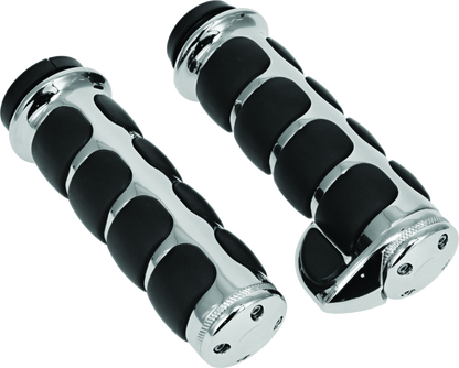 Kuryakyn ISO grips with throttle boss for throttle-by-wire motorcycles, chrome finish, showing textured rubber grips and throttle control