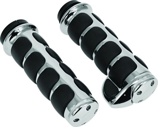 Kuryakyn ISO grips with throttle boss for throttle-by-wire motorcycles, chrome finish, showing textured rubber grips and throttle control