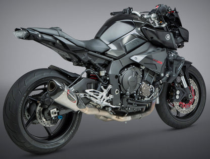 YOSHIMURA Race Alpha T 3/4 slip-on exhaust with carbon fiber end cap, featuring sleek metallic finish and compact design