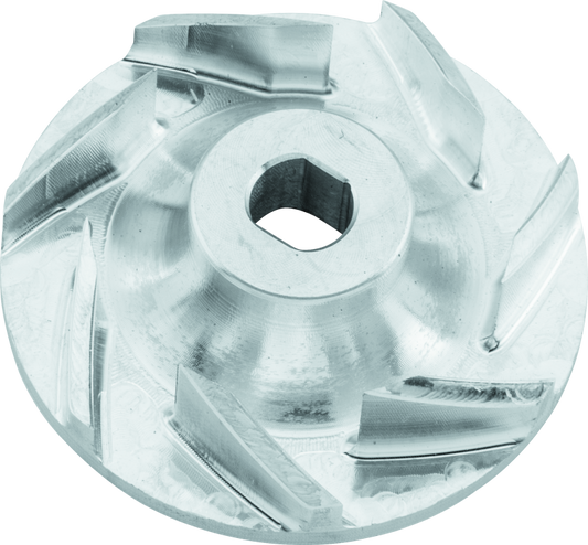 QuadBoss billet water pump impeller for Polaris Ranger 700 and RZR 800, shown in metal with detailed blades.