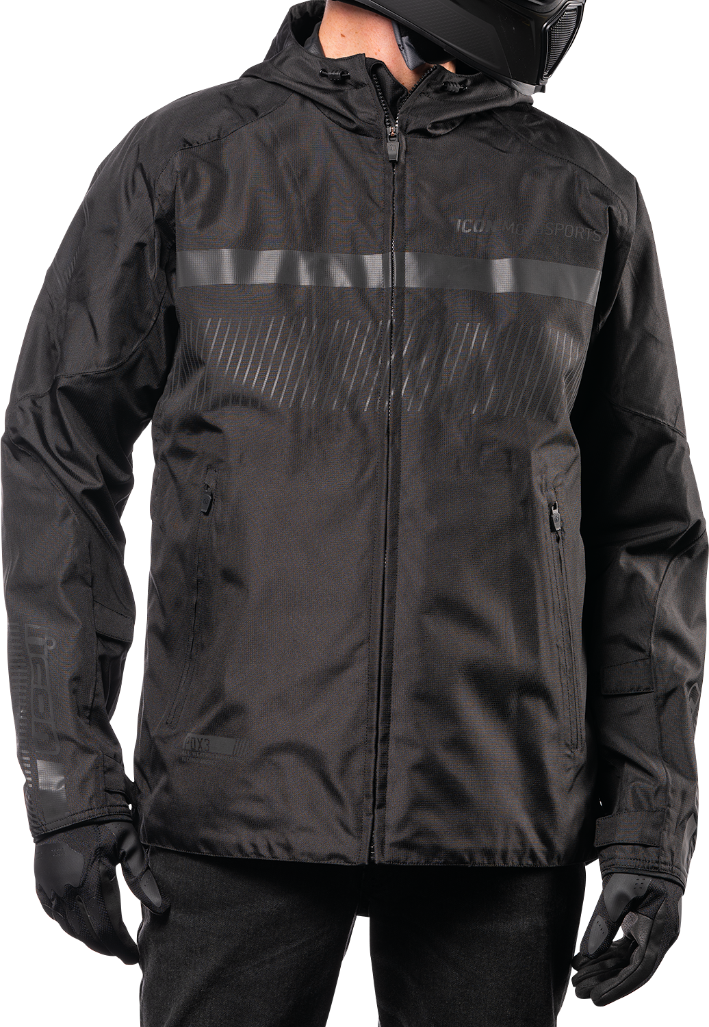 Black ICON PDX3™ jacket in XL size featuring a sleek design, made by Bill's Exhausts, displayed on a hanger.