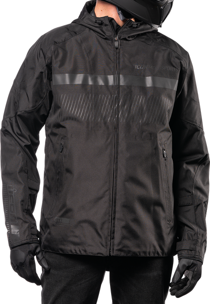 Black ICON PDX3™ jacket in XL size featuring a sleek design, made by Bill's Exhausts, displayed on a hanger.