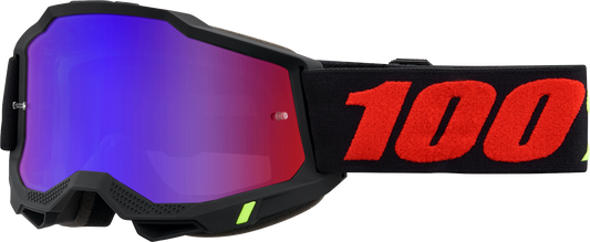 Bill's Exhausts 100% Accuri 2 Goggles in red and blue mirror lenses, featuring a sleek, aerodynamic design for optimal eye protection.