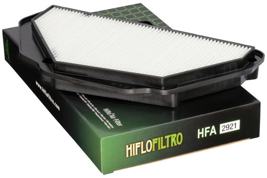 Hiflofiltro HFA2921 high-performance engine air filter showing clean, pleated filter material for motorcycle or engine filtration