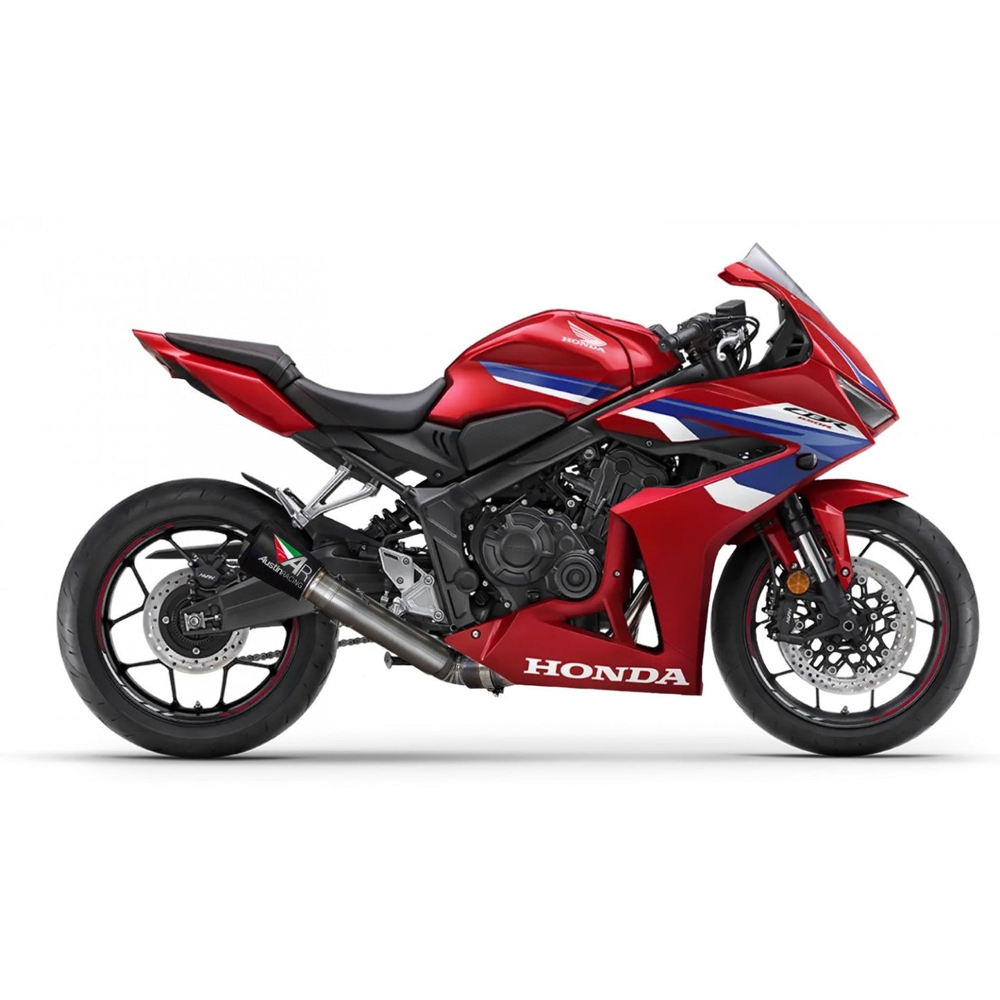 Austin Racing GP1 de-cat race exhaust system for Honda CBR 650F R 2017-2025, installed on motorcycle, matte finish, with exhaust tips.