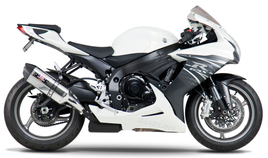 YOSHIMURA Yoshimura Exhaust Street R 77 slip-on muffler with stainless steel and carbon fiber end cap on motorcycle.